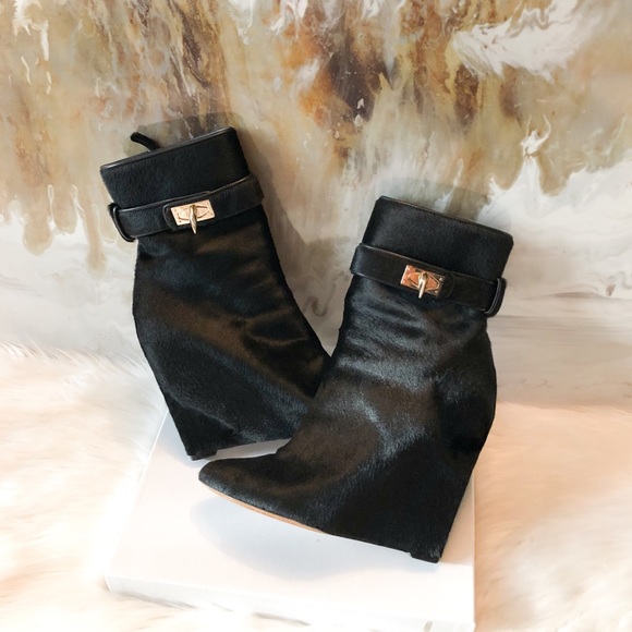 SOLDGivenchy Shark Ponyhair Black Wedge Booties 39 - Picture 2 of 7